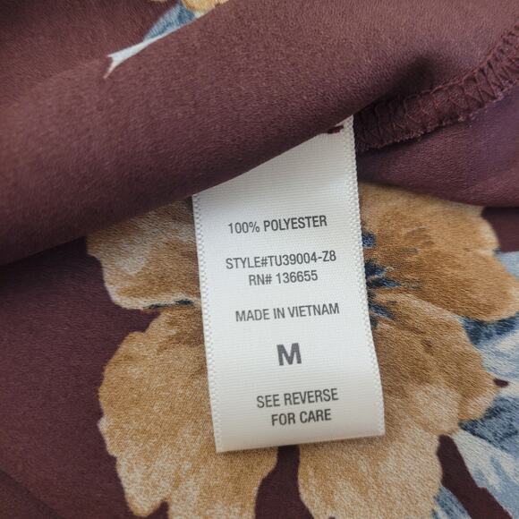 West K Floral Blouse Size M Brown Short Sleeve Semi-sheer Lightweight Top Fall - Picture 8 of 8